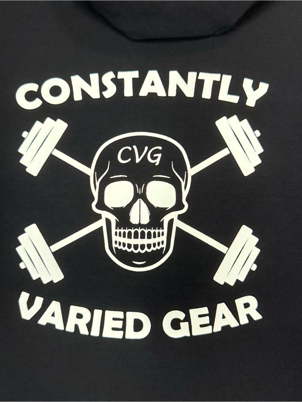 Constantly Varied Gear Black Hoodie with White Skull & Barbells Graphic